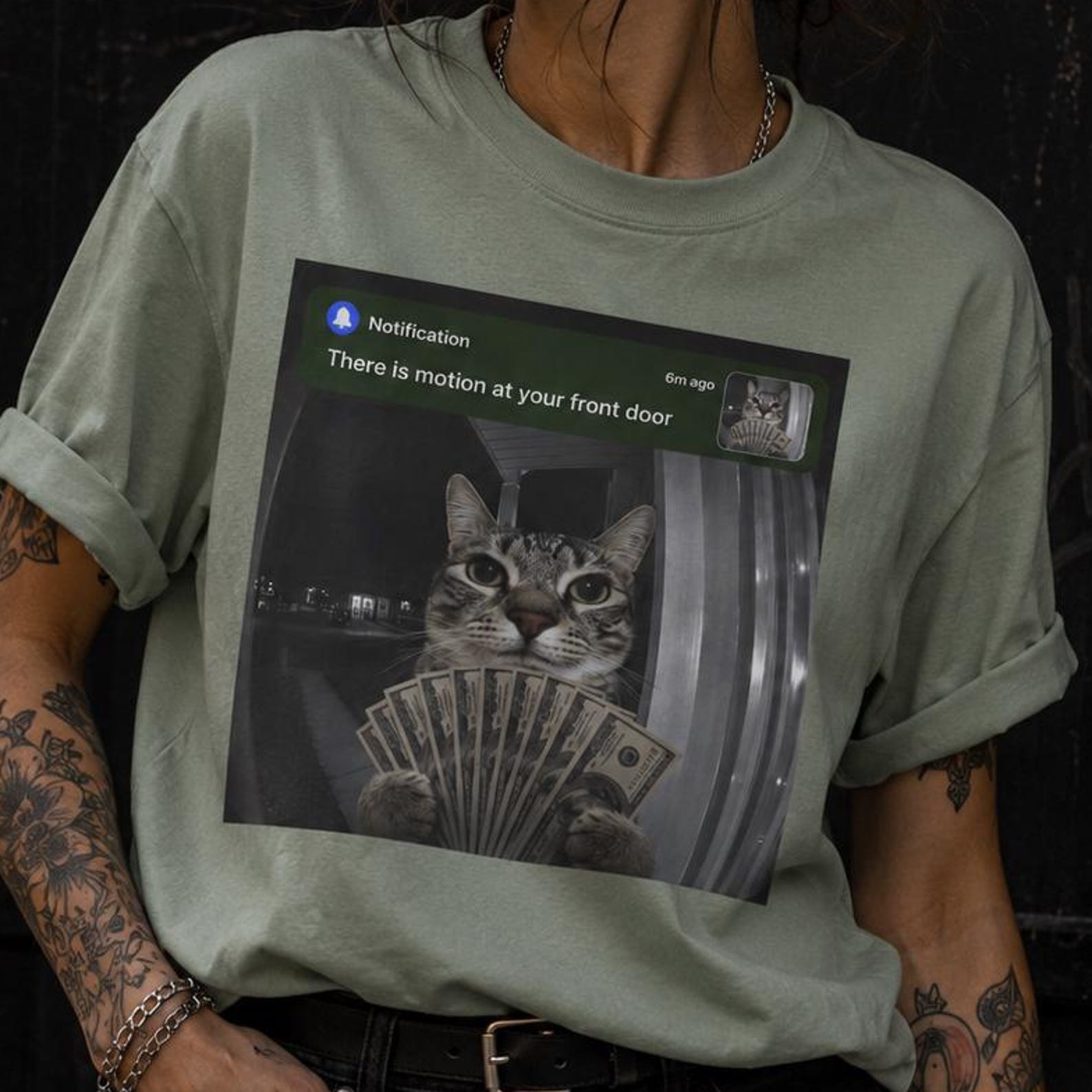 There Is Motion At Your Front Door Shirt, Funny Cash Cat Meme Tee, Internet Humor Graphic 2XL