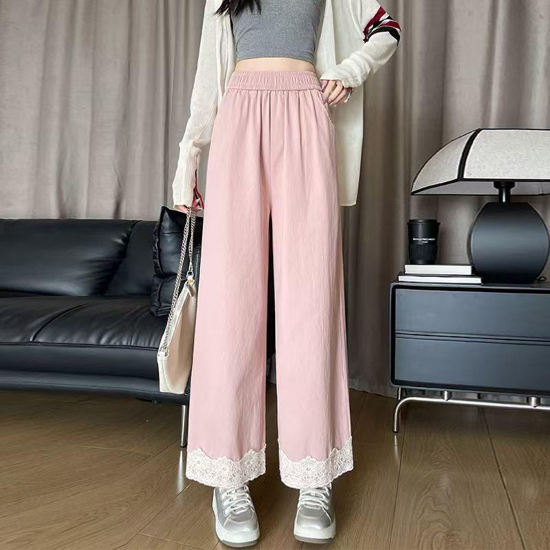 

Women s Forest Style Casual Soft Straight-Leg Elastic Wide-Leg Pants with Lace Trim for Spring/Summer M (80-100 lbs) розовый