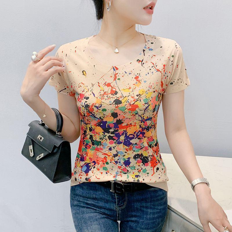 Letni Nowy Modny T-shirt z Okrągłym Dekoltem i Nadrukiem z Krótkim Rękawem dla Kobiet, Odmładzający i Stylowy Dopasowany Top