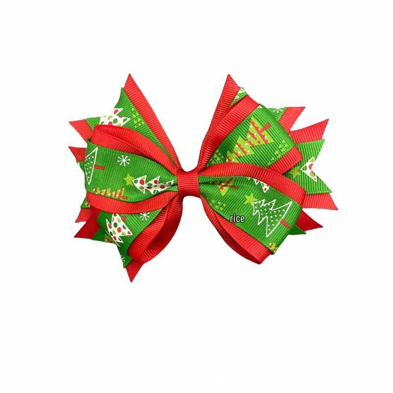 Cross-border Christmas Tree Bow Hair Clip for Kids - Double-Layer Ribbed Ribbon Accessory