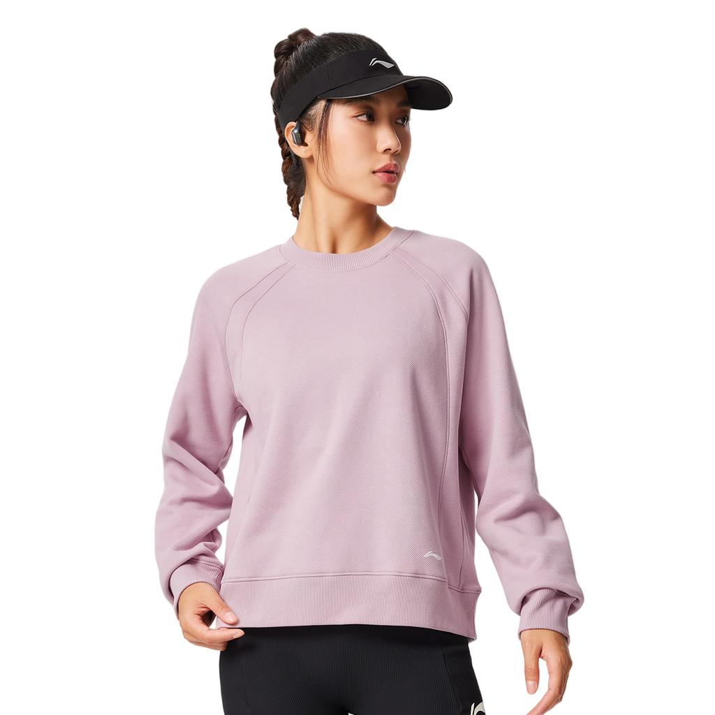 Li Ning Fitness Series Fleece Warm Lock Temperature Dry Long Sleeve Loose Round Neck Sweatshirt Women sweatshirt AWDV948-5