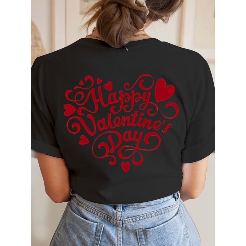 Damen Europäische Größe Rundhals T-Shirt - Rot "LOVE"/Valentinstags Doppelseitiger Druck, Weich Dehnbar, Atmungsaktiv, Frühling-Sommer-Herbst