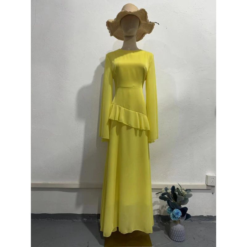 

European and American Fashion Elegant Bell Sleeve Long sleeve Frill Palace Style Dress Long Sleeve Dress Yellow XXL