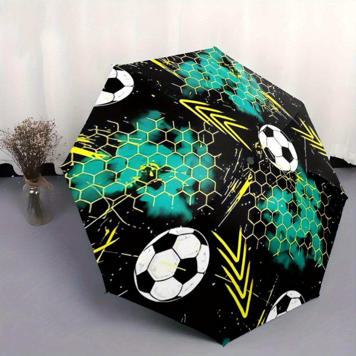 

This Umbrella Showcases Designs of Black Hexagonal Grids, Teal Accents, Yellow Arrows, And Soccer Balls. Ideal for Travel, Bac Iron&8K
