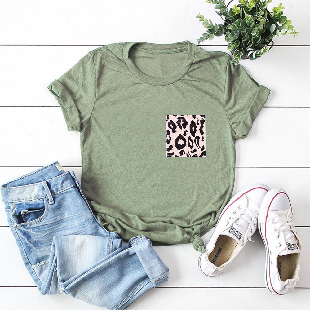 Creative Leopard Print Chest Flower Fake Pocket Cotton T-Shirt Short Sleeve Round Neck Women 2d Print Tops