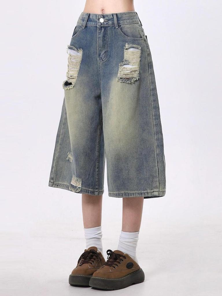 Retro zerrissene Denimshorts für Damen Baggy Sieben-Punkt-Jeanshosen Trendkleidung Y2k Streetwear Sommer