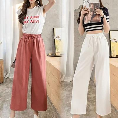 Lockere Weitbein-Hose für Damen im Sommer Neuer Koreanischer Stil Imitations-Chiffon-Hose Gerade Schlankmachend Neunpunkt Hohe Taille Lässige Hose für Damen