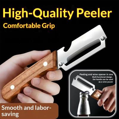Vegetable Peeler with Wooden Handle Stainless Steel Sharp Blade Peeler 2-in-1 Bottle Opener Kitchen Peeling Utensil