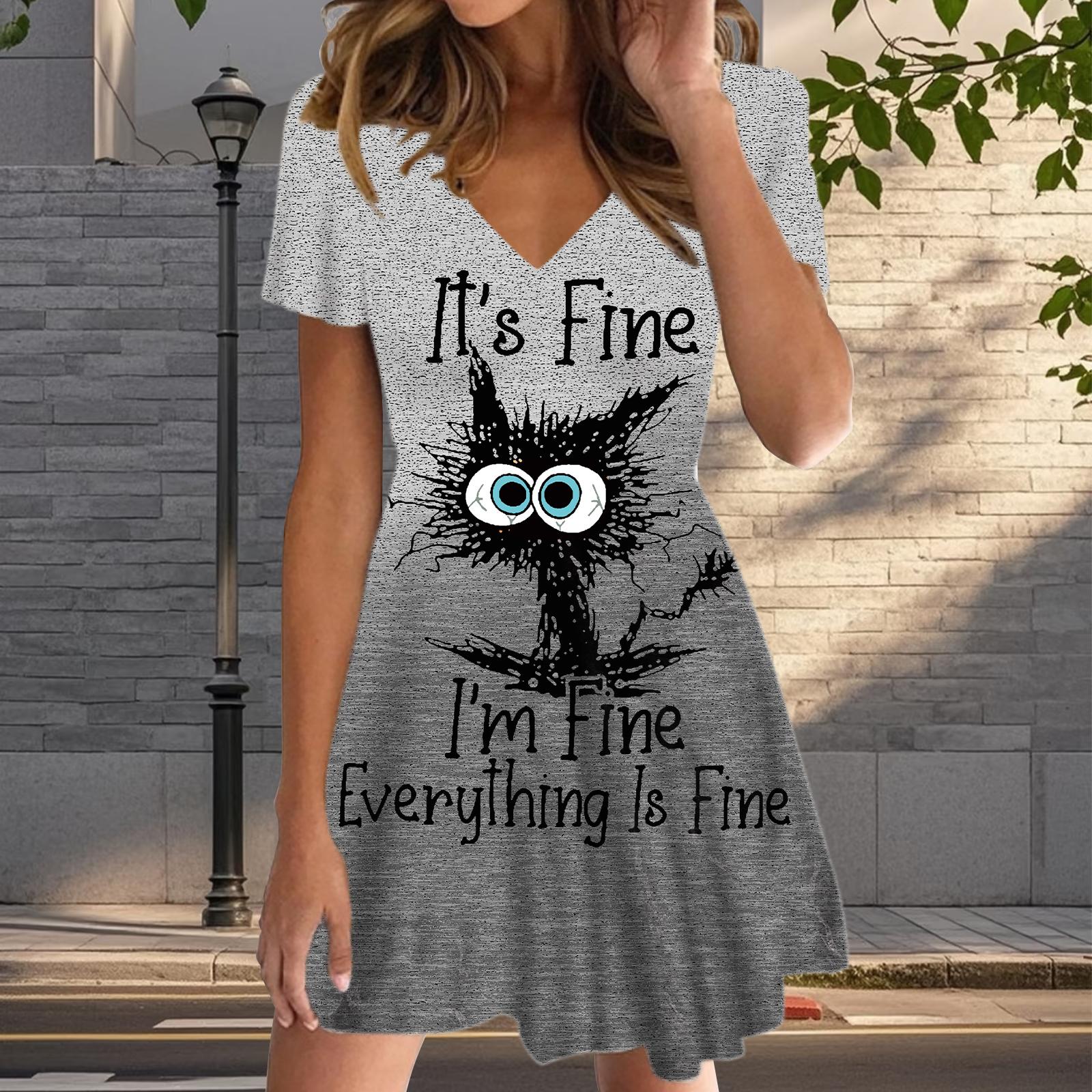 

Летняя мода женские V-образный вырез короткий рукав жареный котенок принтованное платье сексуальные короткие юбки платья 4XL серый