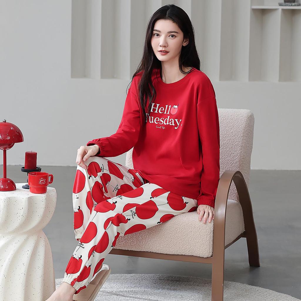 Ensemble de Pyjama pour Femme 100% Coton – Respirant, Absorbant la Sueur, Manches Longues Col Rond pour Porter à l'Intérieur et à l'Extérieur (Automne hiver)
