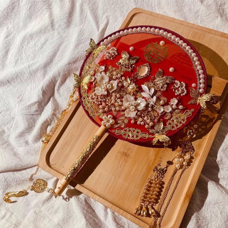 Handmade Bridal Xiuhe Wedding Fan - Red Champagne Gift