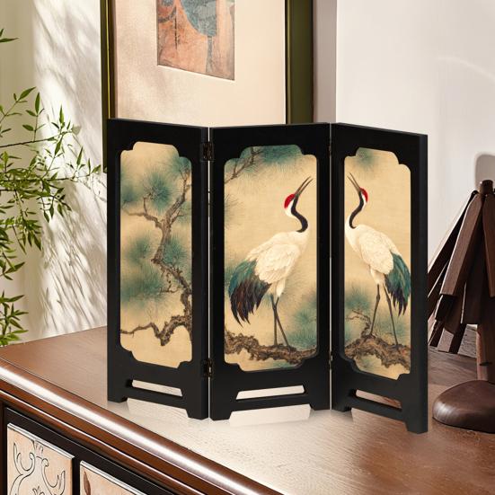 Yousheng Mini Floral Folding Screen Rustic 3 Panel Room Dividers Chinese Style Vintage Desktop Folding Screen Feng Shui Ornaments for Home Table Decor
