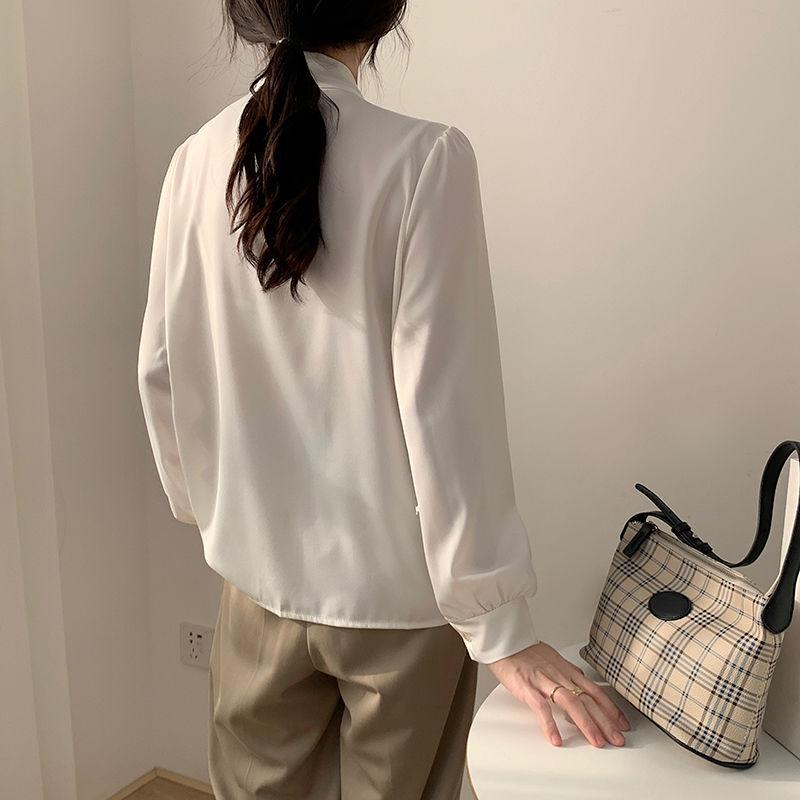 Schicke weiße Langarmbluse Damen Herbst Frühling Bürohemd Schleife Professionell Elegant Chiffon-Top Hohe Qualität