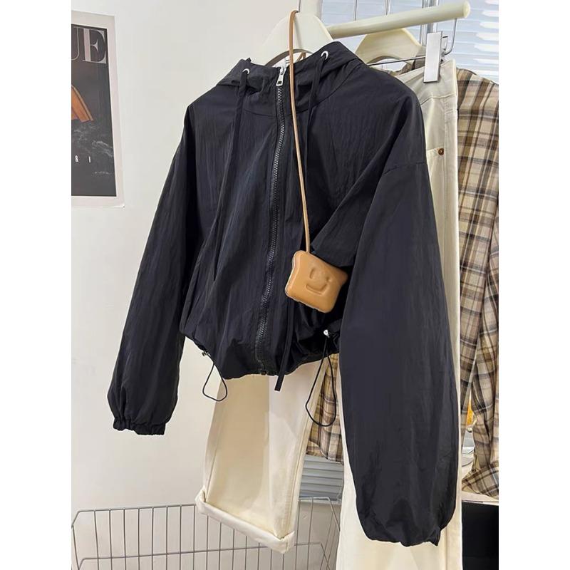 

Spring and Autumn Women s Hooded Solid Color Quick-drying Casual Zipper Solid Color Long-sleeved Jacket S чорний