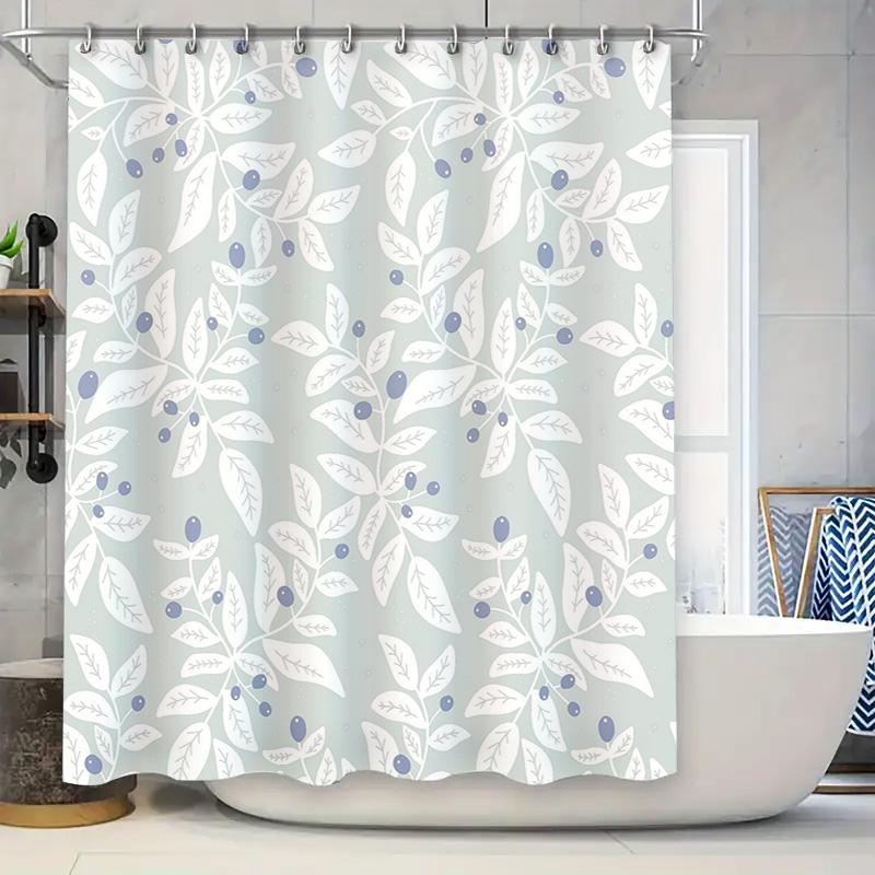 

White Floral Shower Curtain With Blue Berries Bathroom Decor Waterproof Fabric Removable For Home Decoration Light Green Small S W60H190(CM)-1 Pcs