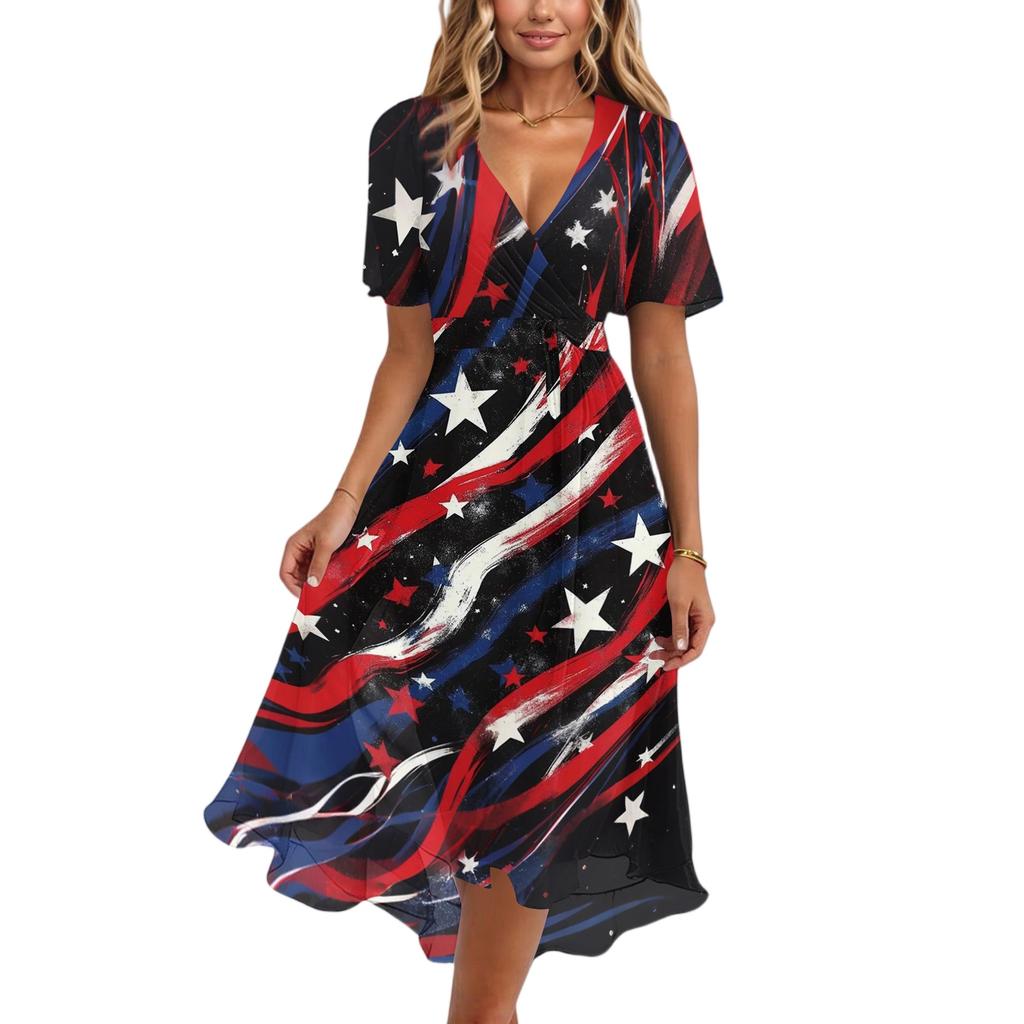 Women's Casual V Neck Short Sleeve Dress Independence Day Print Floral Pattern Knee Length Summer Dress