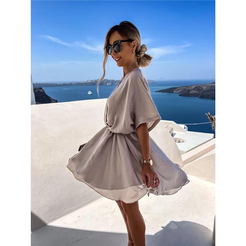 

Women s New Satin Loose Dress Summer Solid Color V-neck Casual Beach Vacation Big Swing Short Skirt L абрикосовий