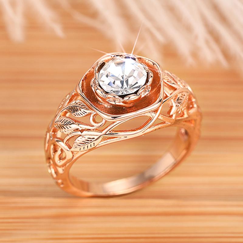 Huitan Aesthetic Rose Gold Flower Ring Female Engagement Accessories with Bright Zirconia Graceful Wedding Band Jewelry