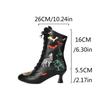 Fashion 2025 New Trend Bat Embroidered Boots Women Vintage Kitten Heels Halloween Cosplay Boots Mid-calf Lace-up Party Shoes 46