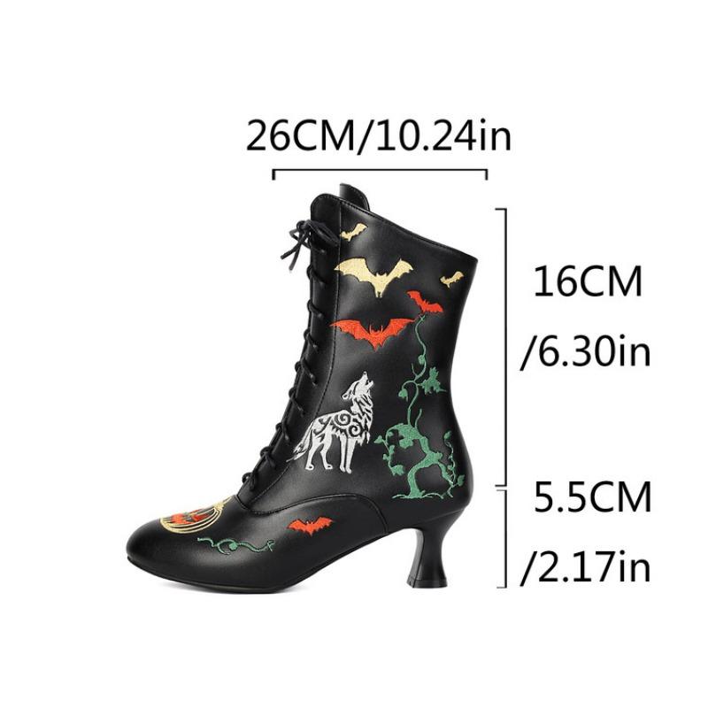 Fashion 2025 New Trend Bat Embroidered Boots Women Vintage Kitten Heels Halloween Cosplay Boots Mid-calf Lace-up Party Shoes 46