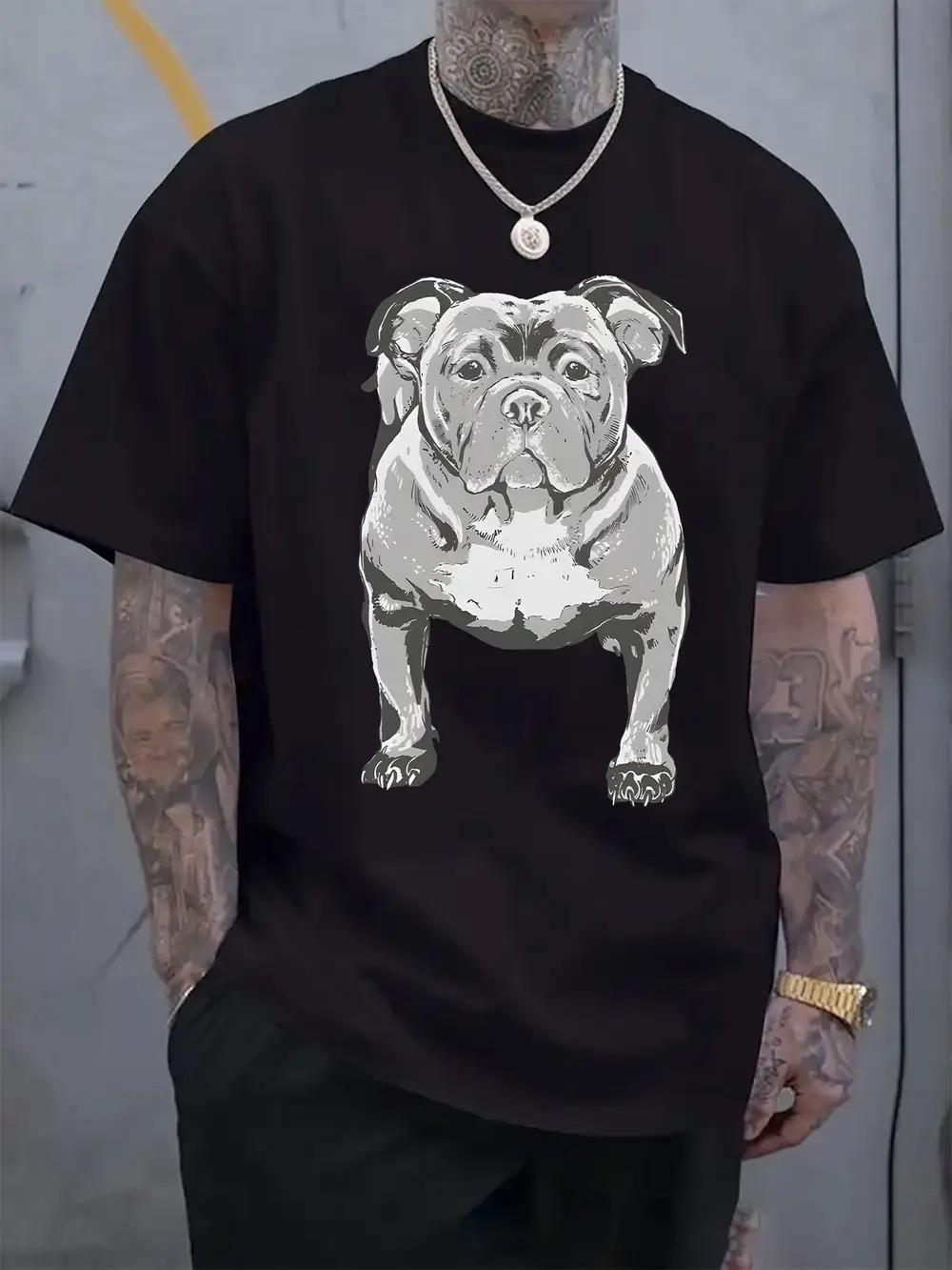 Black T-shirt with Detailed Bulldog Sketch Print - Casual Crew Neck XL