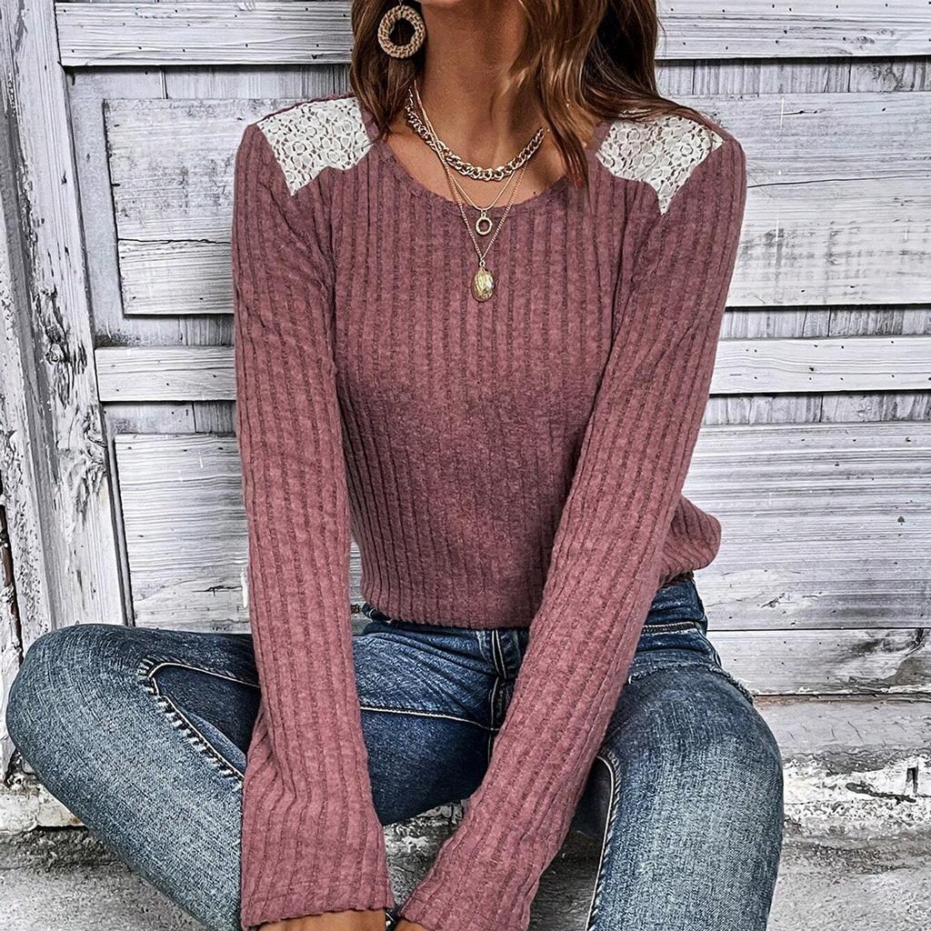 GMXIA Damemote Uformelt Høst Vinter Ensfarget trykk Langermet bluser og skjorter med o-hals