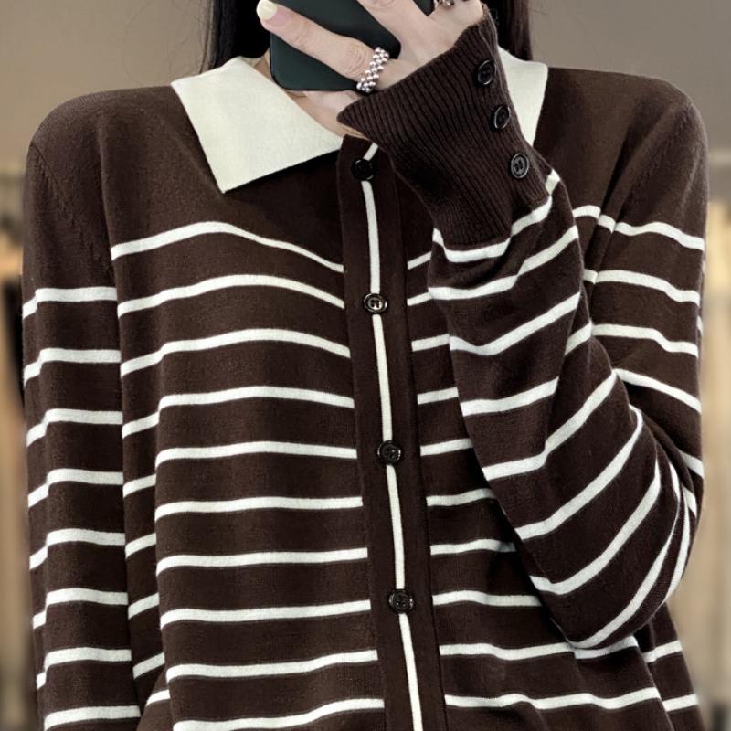 Polo Collar Striped Knitted Cardigan In Spring and Autumn New Lady Gentle and Slim Simple and Versatile Top for Women