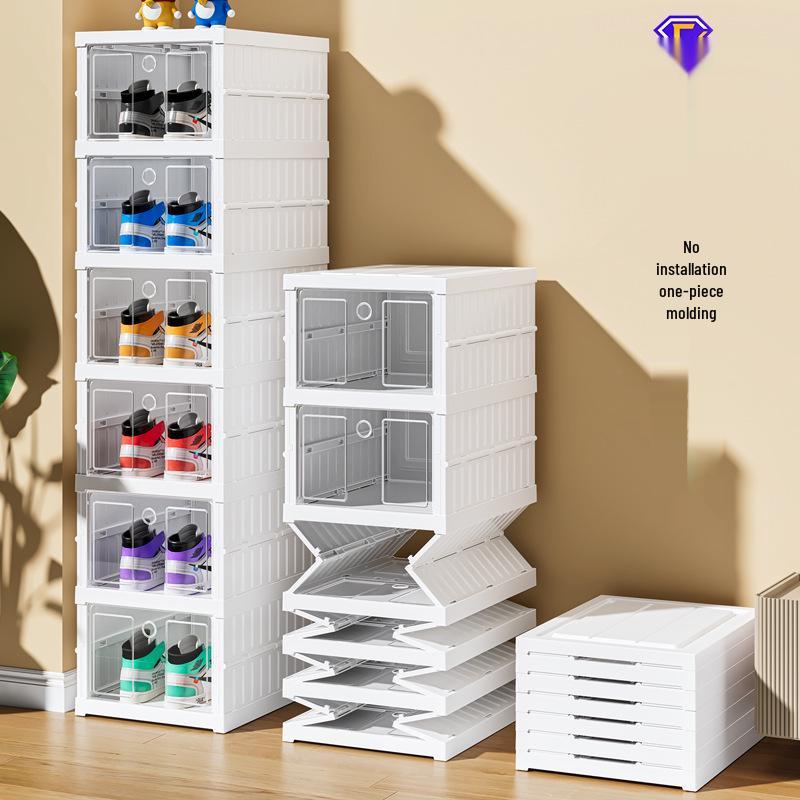 Transparent Plastic Foldable Shoe Storage Box - No-Installation Dustproof Shoe Cabinet & Movable Rack.