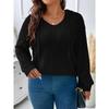 Damen Plus Size Unifarben Gerippt V-Ausschnitt Mit Kapuze Langarm Locker Lässig Strickoberteil