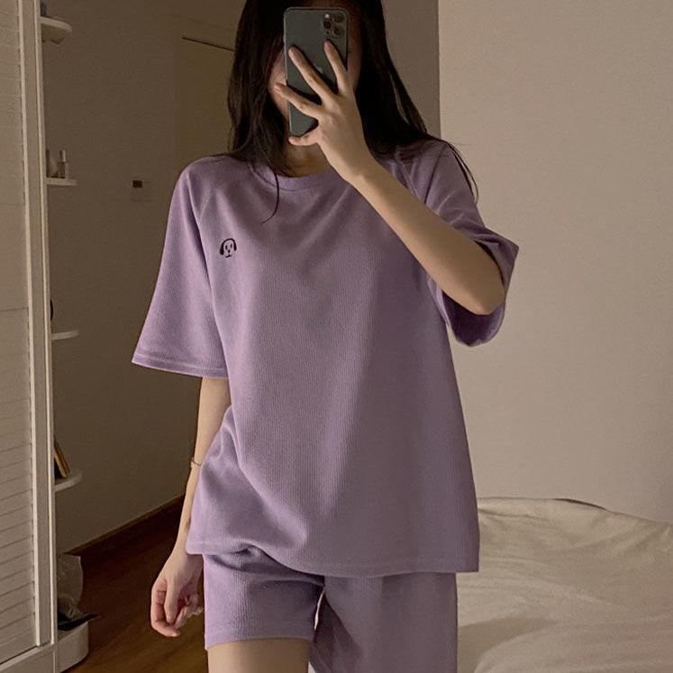 WTEMPO Casual Waffle Fashion Suit Women Summer Oversize Korean Short-sleeved T-shirt + Shorts Letter Embroidery 2pcs Sets