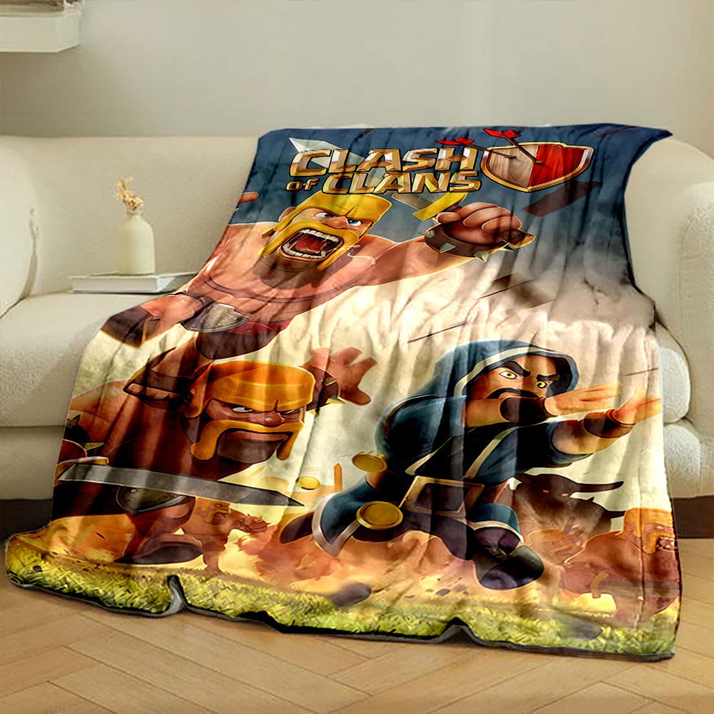 Dynamic battle-themed artwork with characters and weapons in action. for all seasons blanket lunch break throw gift