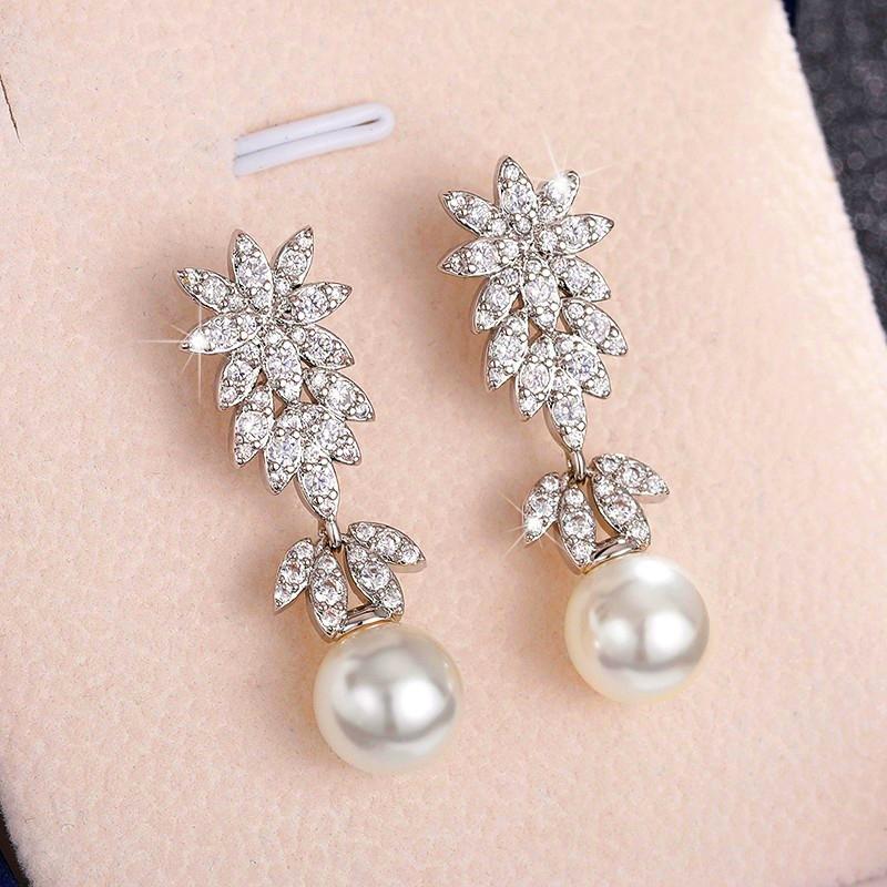 

Huitan Aesthetic Flower Long Hanging Earrings with Simulated Pearl Copper Color Exquisite Earrings New for Women Wedding Zircon