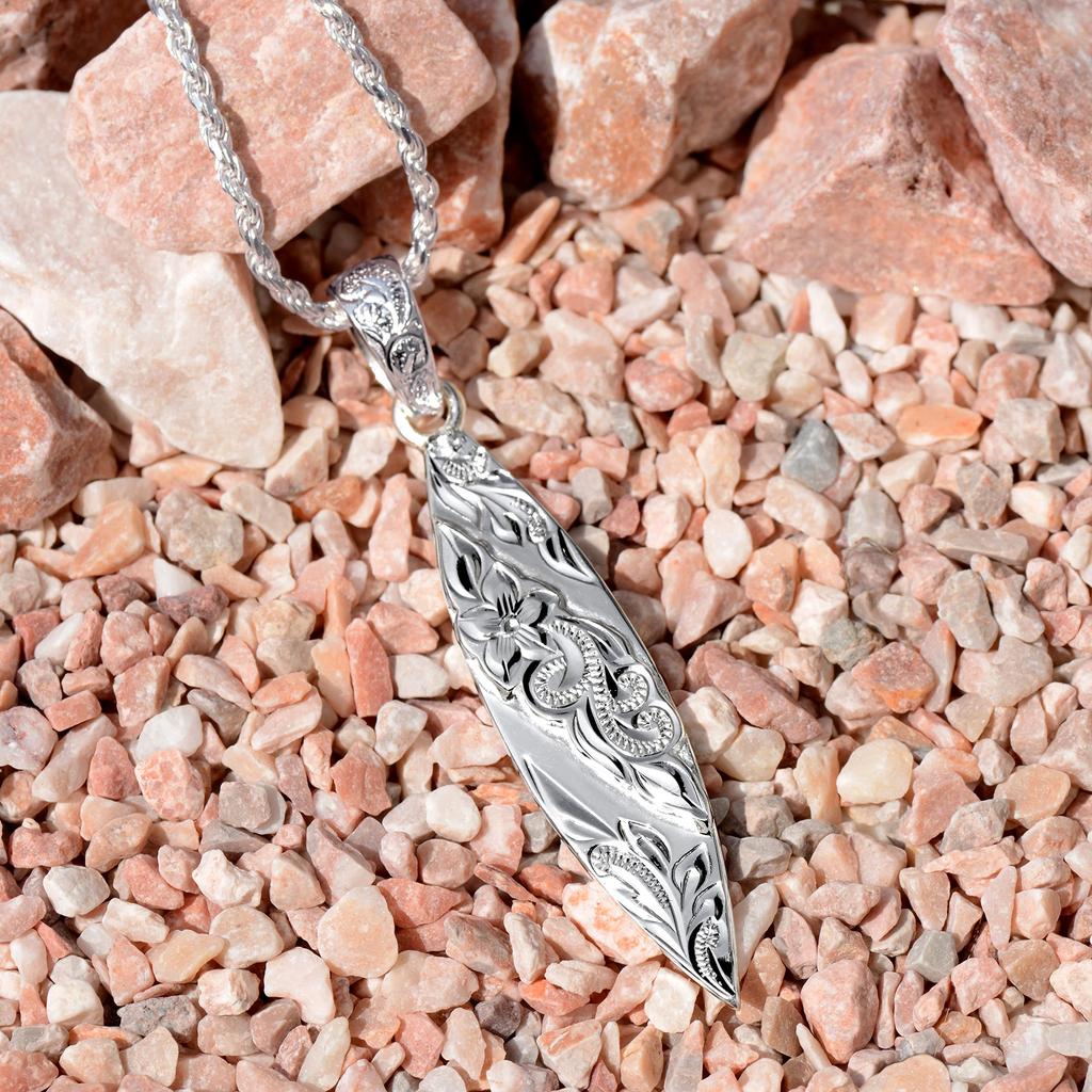 Leilani Hawaiian Surfboard Plumeria & Scroll (Wave) Carved Pendant Necklace for Men, 925 Sterling Silver (Includes 55cm Rope Chain)