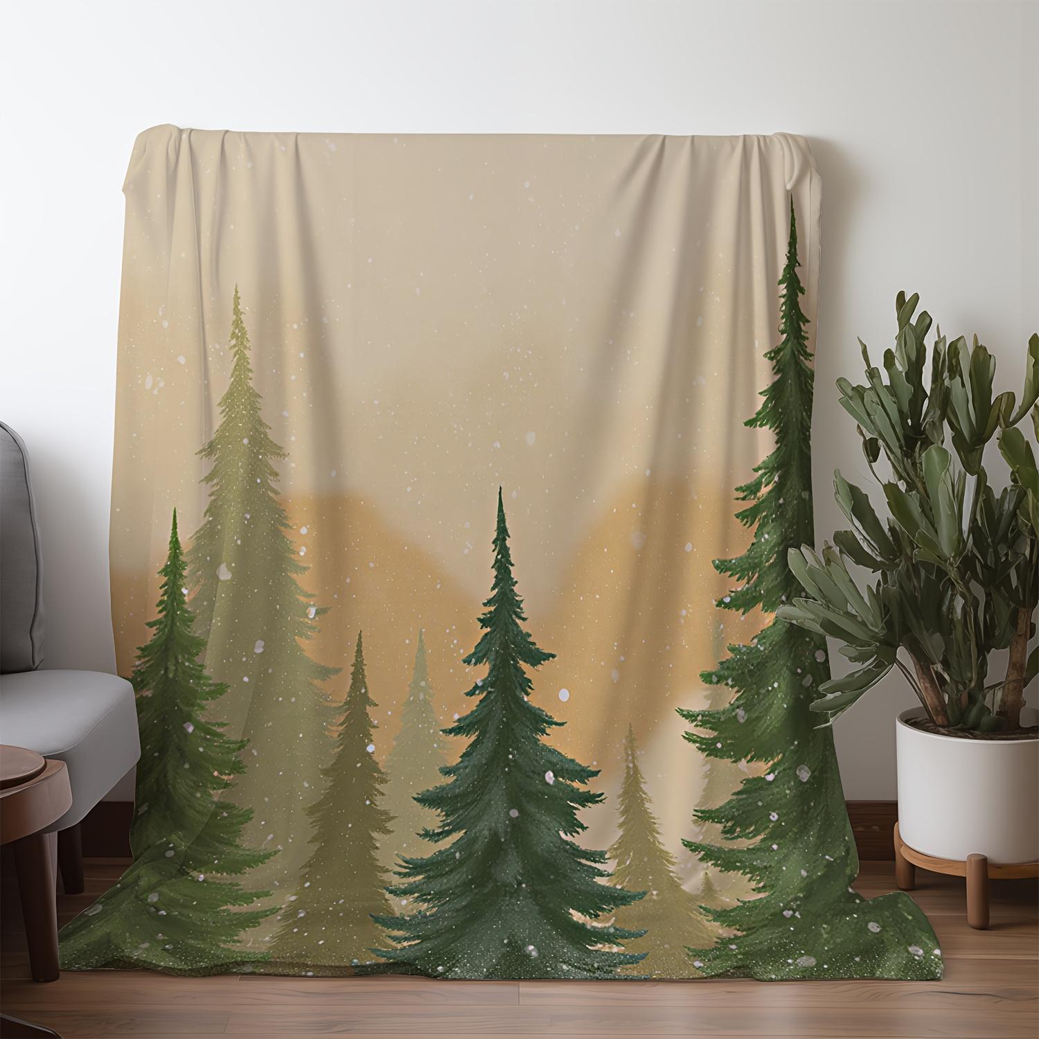 1pc Winter Pine Forest Snowscape Flannel Blanket - Soft Cozy All-Season Throw with 2D Printed Evergreen Trees, Pine Cones & Snow 130x150cm