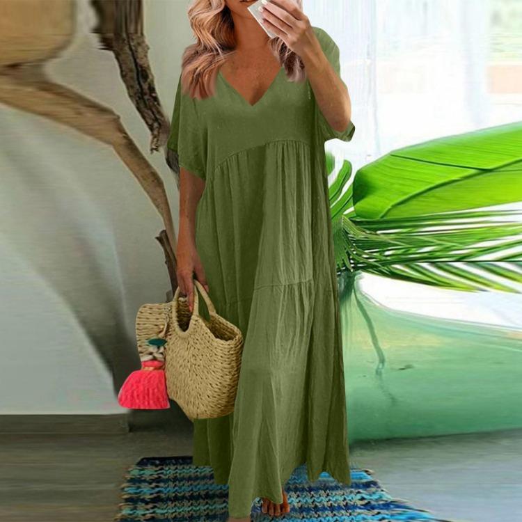 Women Summer Fashion Large Size Loose Long Swing Short Sleeve Dress V Neck S