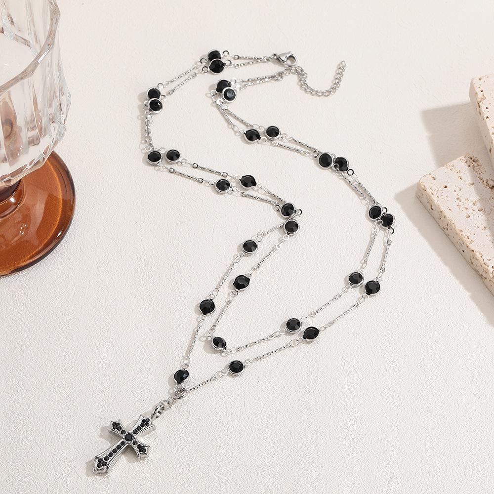 Black Gemstone Cross Titanium Steel Necklace for Women, Unique High-end Design, Double-layer Stacking, Men's Accessories