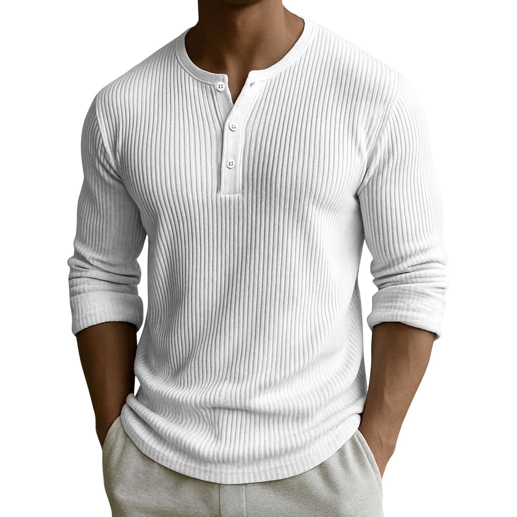 Men's Solid Color Ribbed Textured Button Down Round Neck Long Sleeved Top