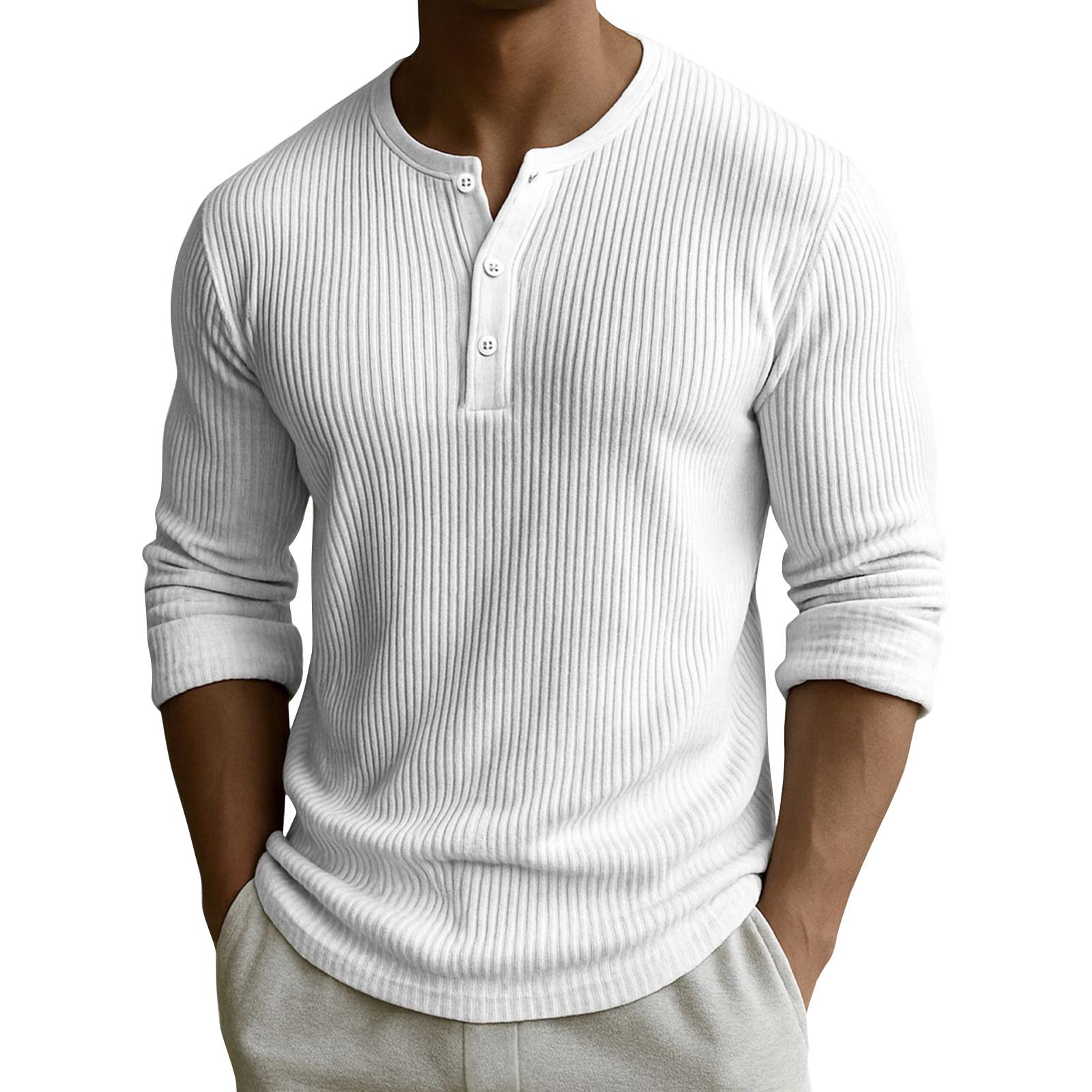 

Men s Solid Color Ribbed Textured Button Down Round Neck Long Sleeved Top XL