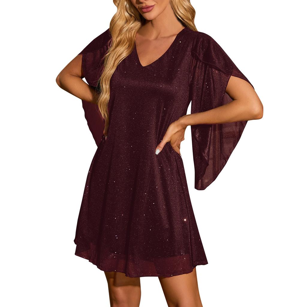 Women's Fashion Long Casual Dress With Irregular Sleeves In Solid Color Sequins