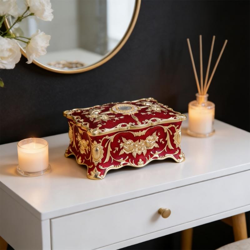 Elegant European Rose Engraved Metal Jewelry Box For Rings Necklaces Earrings With Soft Lining