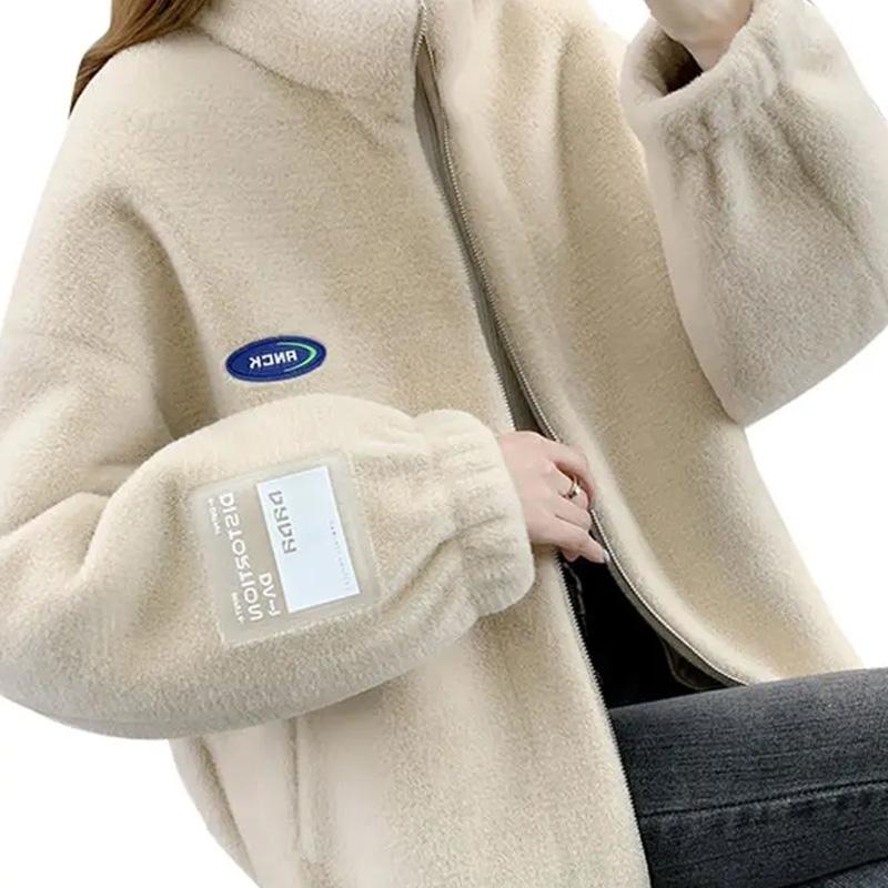 Coat for Women Fleece Thickened Plush Autumn Winter Stand Collar Top Oversize Casual Zipper Jacket