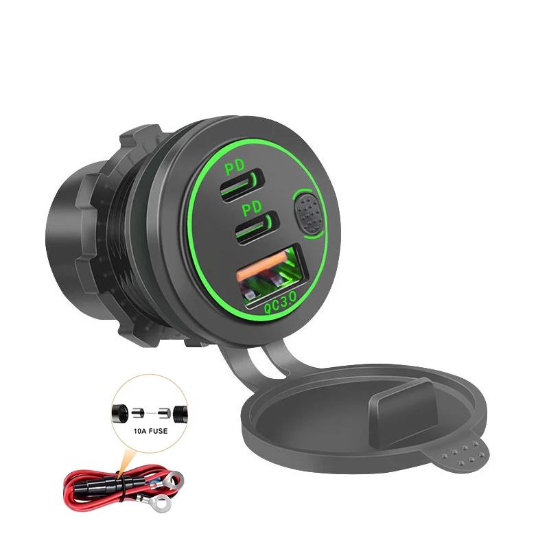 USB C Car Charger Socket 12V USB Outlet 58W RV USB Outlet Dual PD USB-C QC3.0 Car USB Port with Button Switch for Car RV Boat