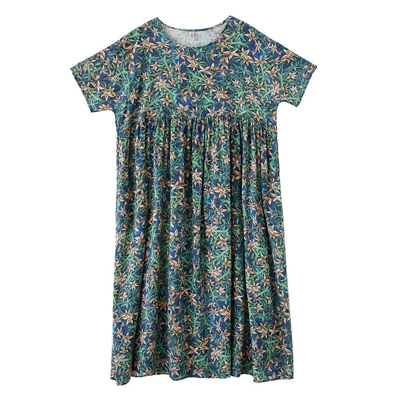 Kurzarm Plus-Size-Baumwolle im Vintage-Stil mit Blumenmuster, neu in Kleidern für Damen, lässig, locker, für den langen Sommer