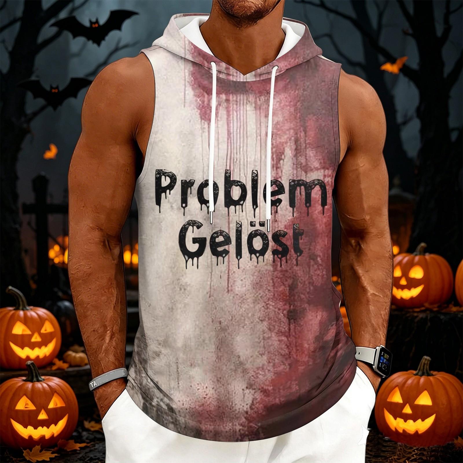 Men s Casual Sleeveless Hoodie with Drawstring Hood Halloween Print Lightweight Muscle Tank Top for Summer Outdoor Gym Workout L чёрный