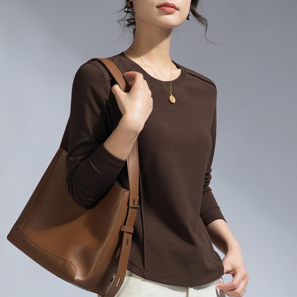 Front shoulder women's long-sleeved summer design niche t-shirt solid color white t-shirt fishbone top