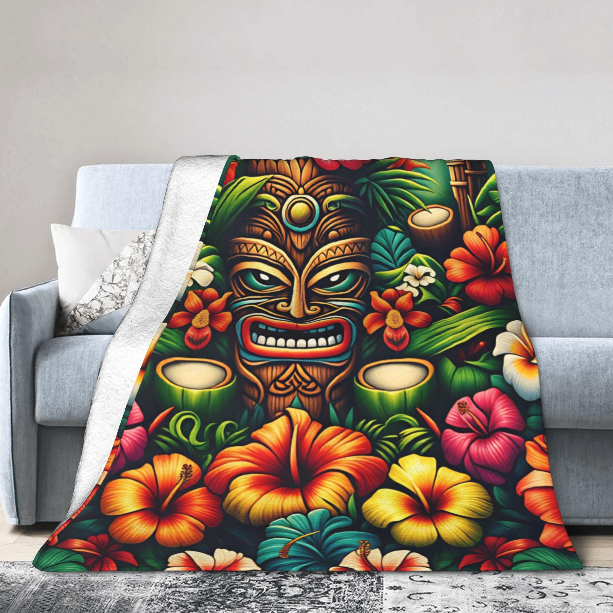 Tropical Flower Surrounded Tiki Mask Totem Hawaiian Art Blanket  Warm Soft Novelty Plush Throw Blanket Bed  Bedspread Bed Cover 75X95CM