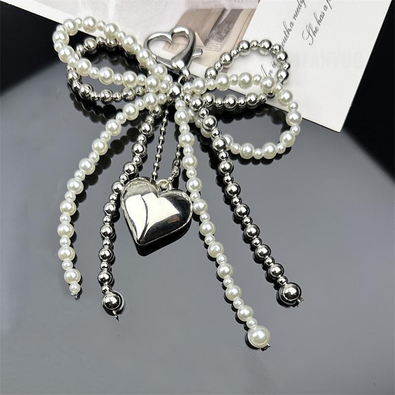 Double-layer Sweet Lovely Beaded Bowknot Heart Keychain Pendant Hanging Decor Keyring Lanyard Phone Charm Bag Pendant Supplies
