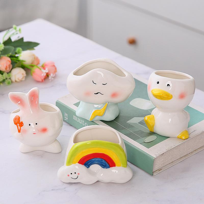 Cute Cartoon Animal Flower Pot Hand-painted Weather Themed Succulent Small Potted Ceramic Combination Gardening Rainy Style