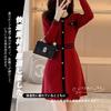 PHOLEEY Red Knit Dress with Black Lines and Long Elegant Women's Buttons, Sleeves,
