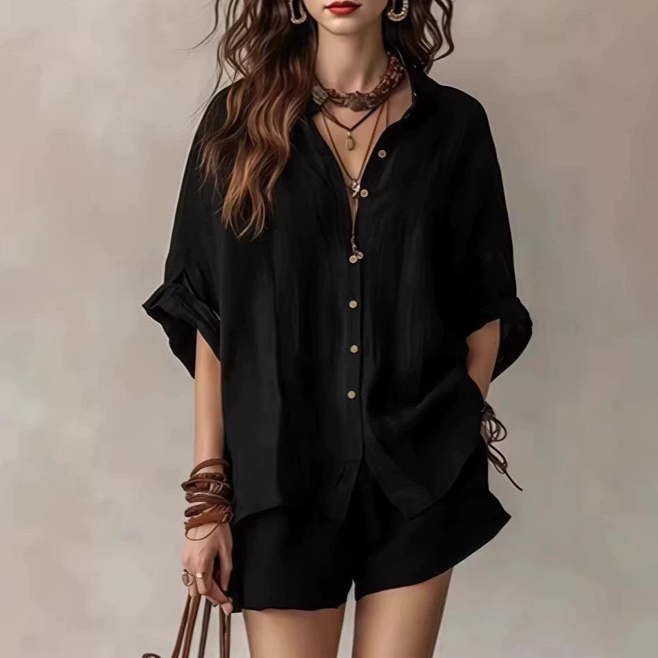 Oversized Button-Up Shirt and Shorts Set